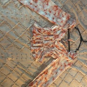 Orange and White Ruched Tie Front Long Sleeve Blouse